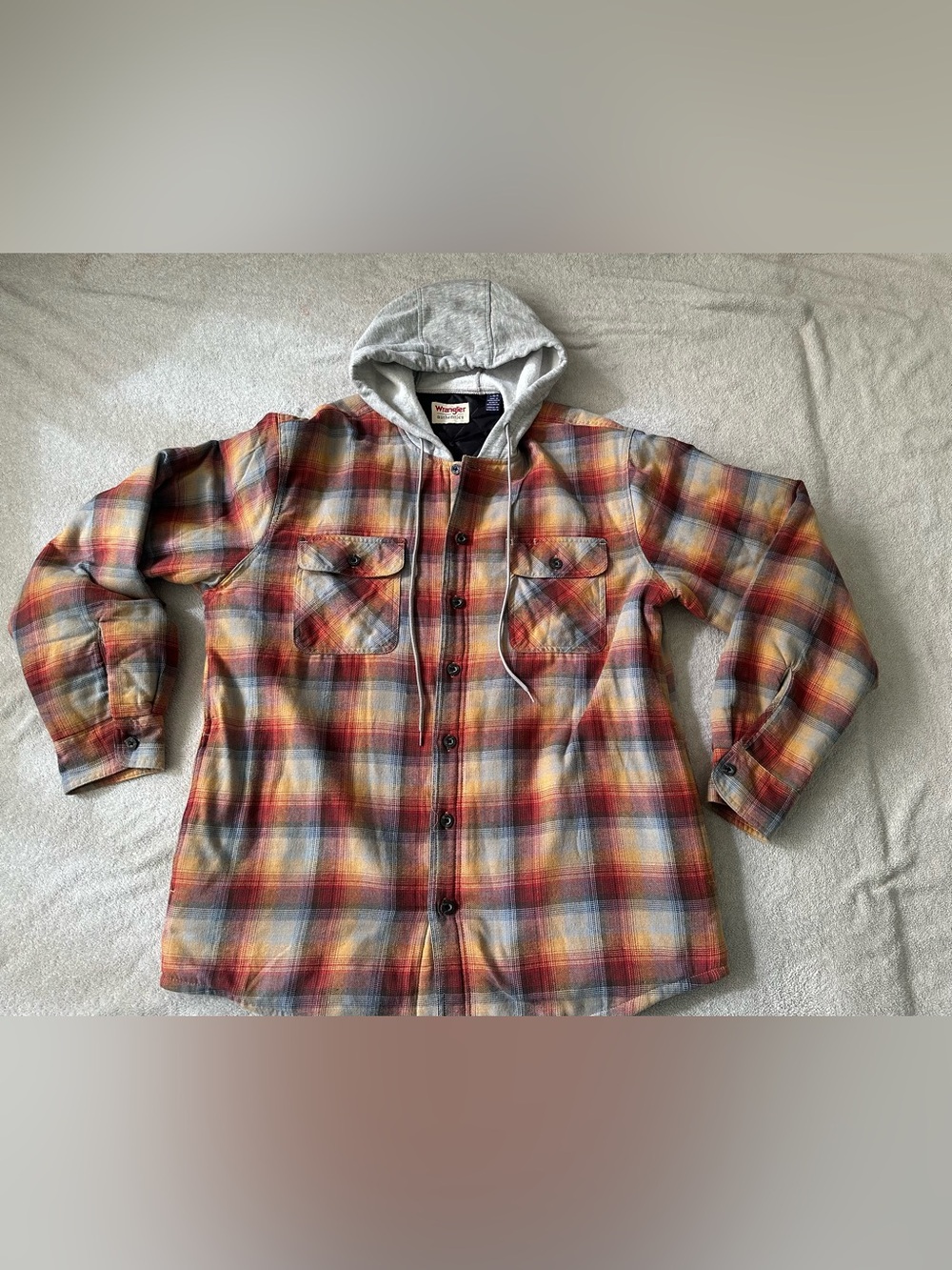 Wrangler Plaid Hooded Shirt Jacket in Red, Yellow & Light Blue